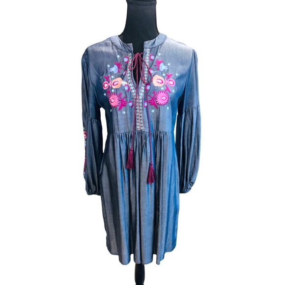 Umgee Babydoll S Blue Tencel Embroidered Boho Peasant Dress Balloon Slv Cottage - Picture 2 of 11